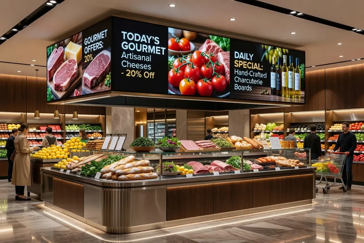 Écrans d'affichage dynamique synchronisés dans les rayons d'un supermarché