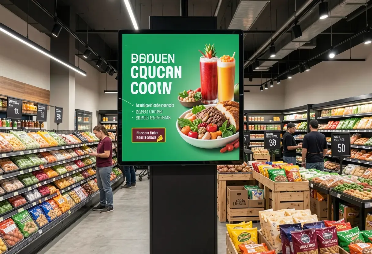 Écran d'affichage dynamique dans les rayons d'un supermarché