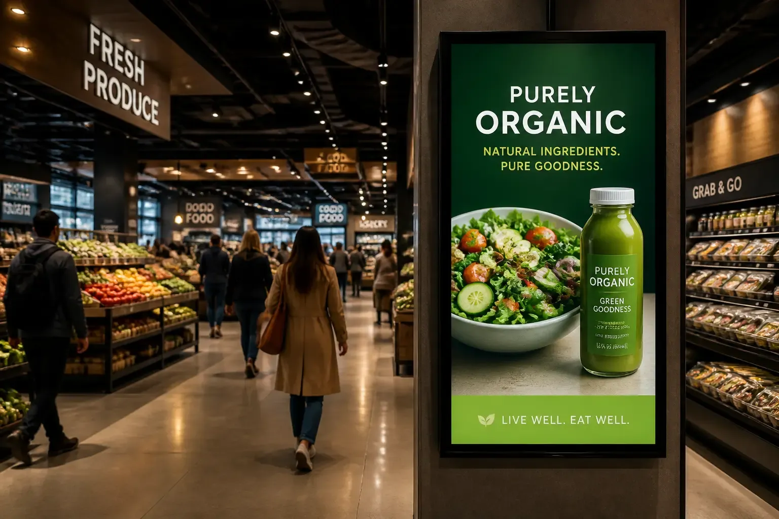 Écran d'affichage dynamique diffusant une promotion dans le rayon d'un supermarché