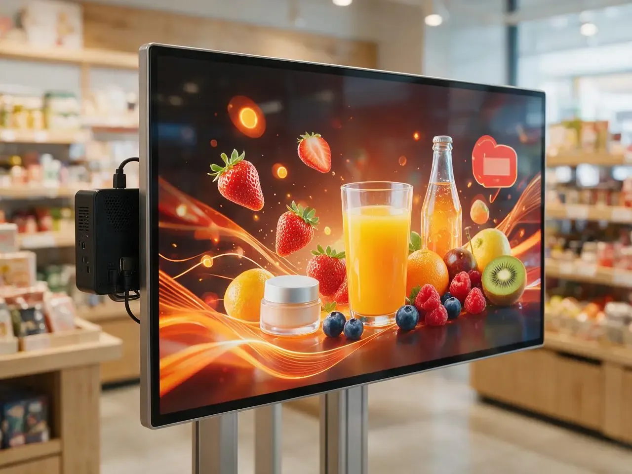 Boîtier multimédia noir fixé à l'arrière d'un écran professionnel dans un magasin, alimentation et câble vidéo raccordés