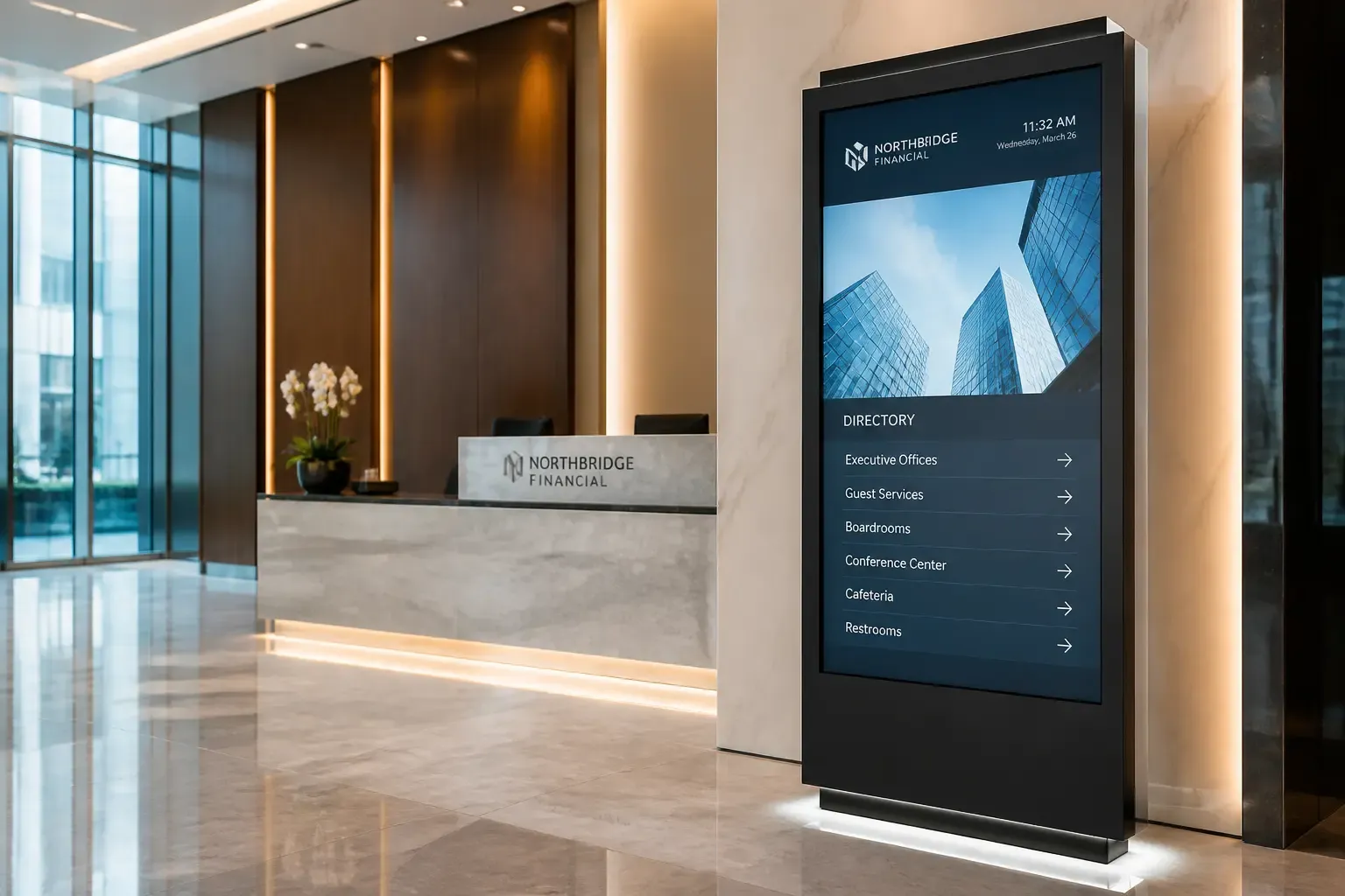 Borne tactile totem affichant l'annuaire des services dans le hall d'accueil d'un immeuble de bureaux