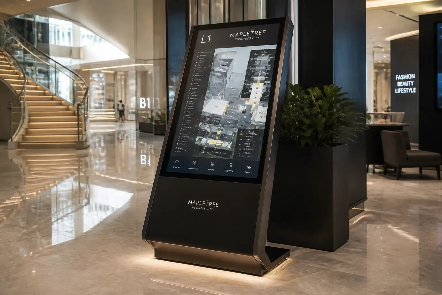 Borne tactile de wayfinding avec plan interactif d'un centre d'affaires, visiteurs à proximité
