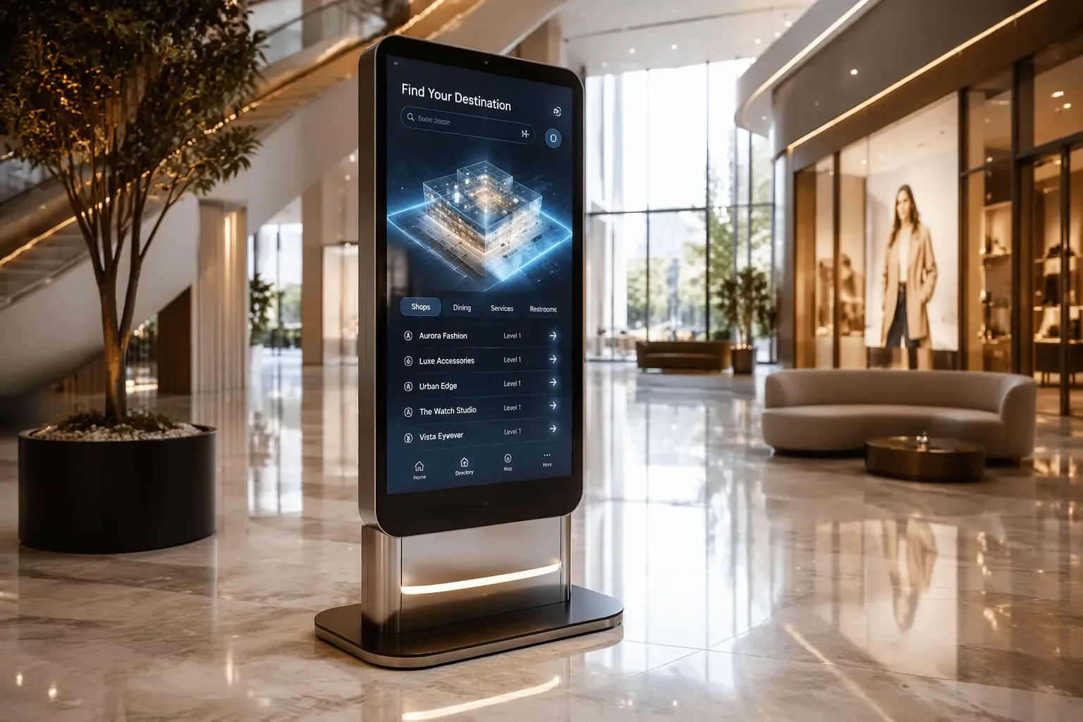 Borne tactile interactive avec plan et annuaire dans le hall d'un centre commercial
