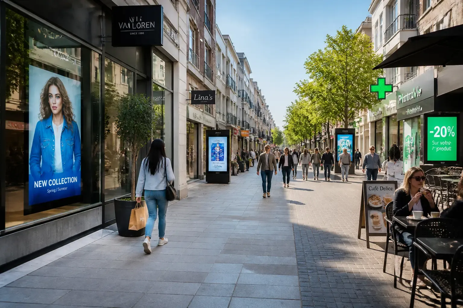 Rue commerçante équipée d'écrans digitaux professionnels, communication digitale sur écran en environnement réel