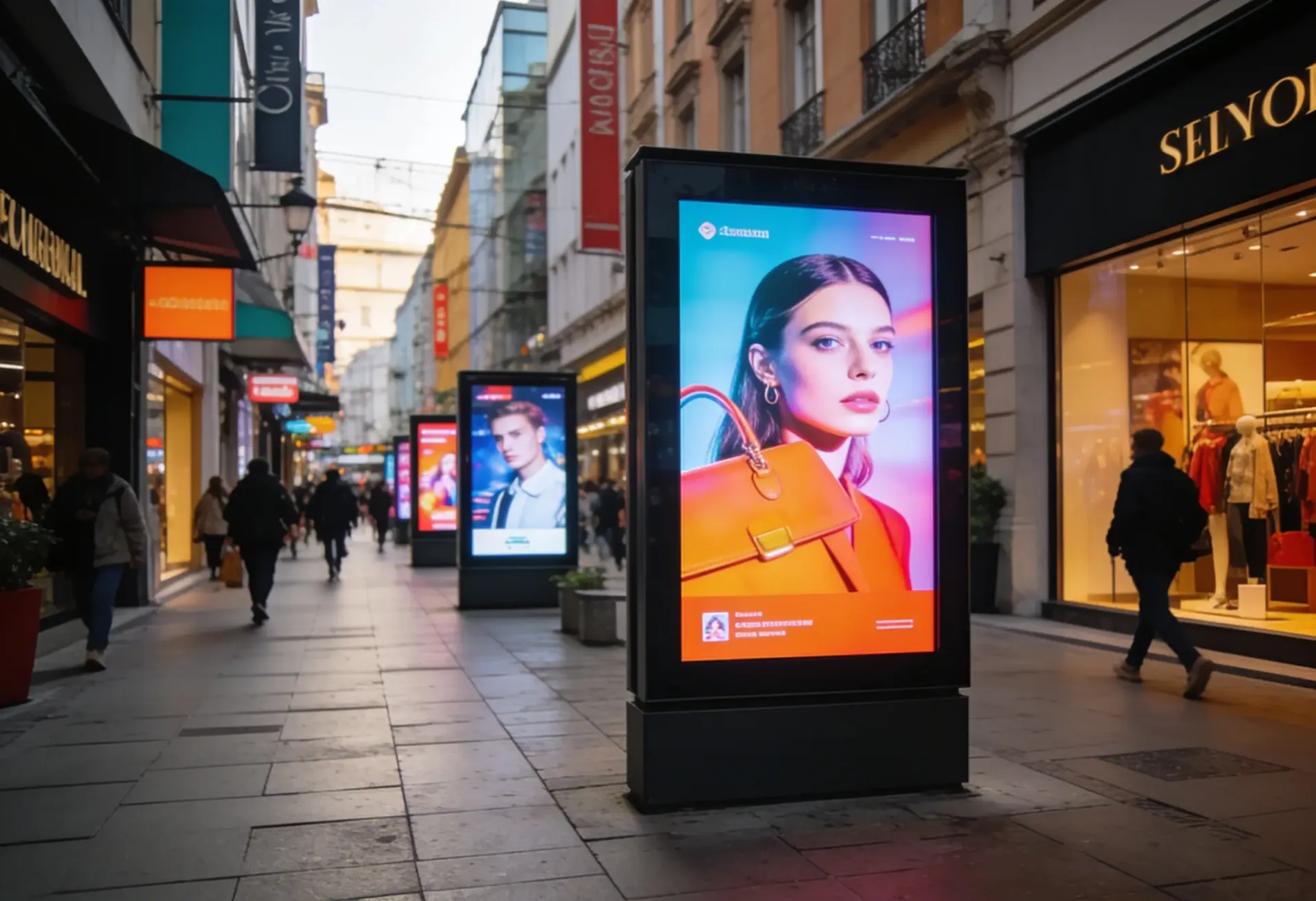 Panneau publicitaire digital en rue diffusant une campagne mode au crépuscule, audience physique qualifiée