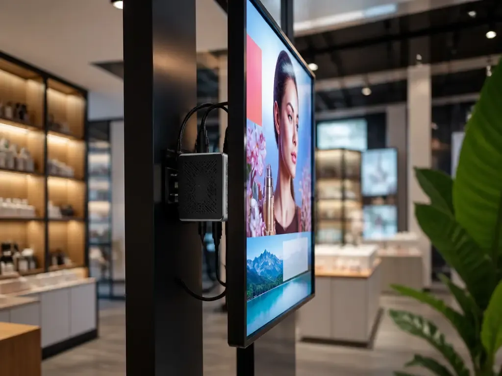 Mini-PC NUC fixé sur un montant à l'arrière d'un écran professionnel de magasin, grille de ventilation dégagée et câbles raccordés