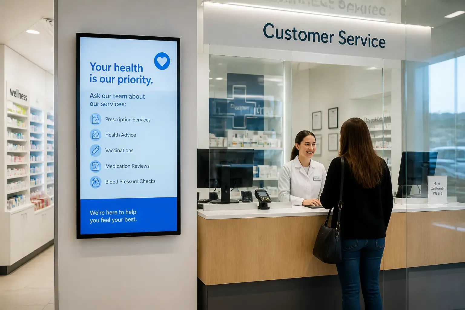 Vitrine de pharmacie équipée d'un écran diffusant les informations pratiques de l'officine