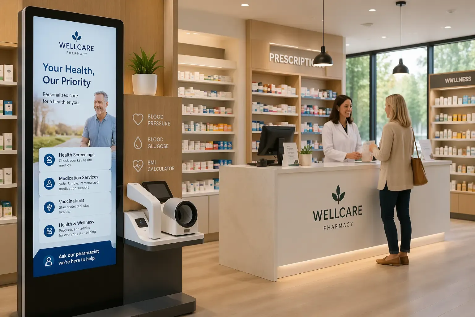 Écran diffusant des messages de prévention dans l'espace d'attente d'une pharmacie