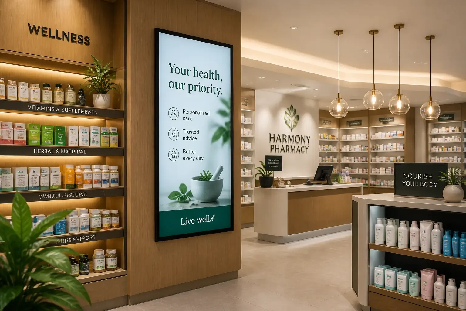 Écran d'affichage dynamique diffusant des informations santé dans une pharmacie moderne