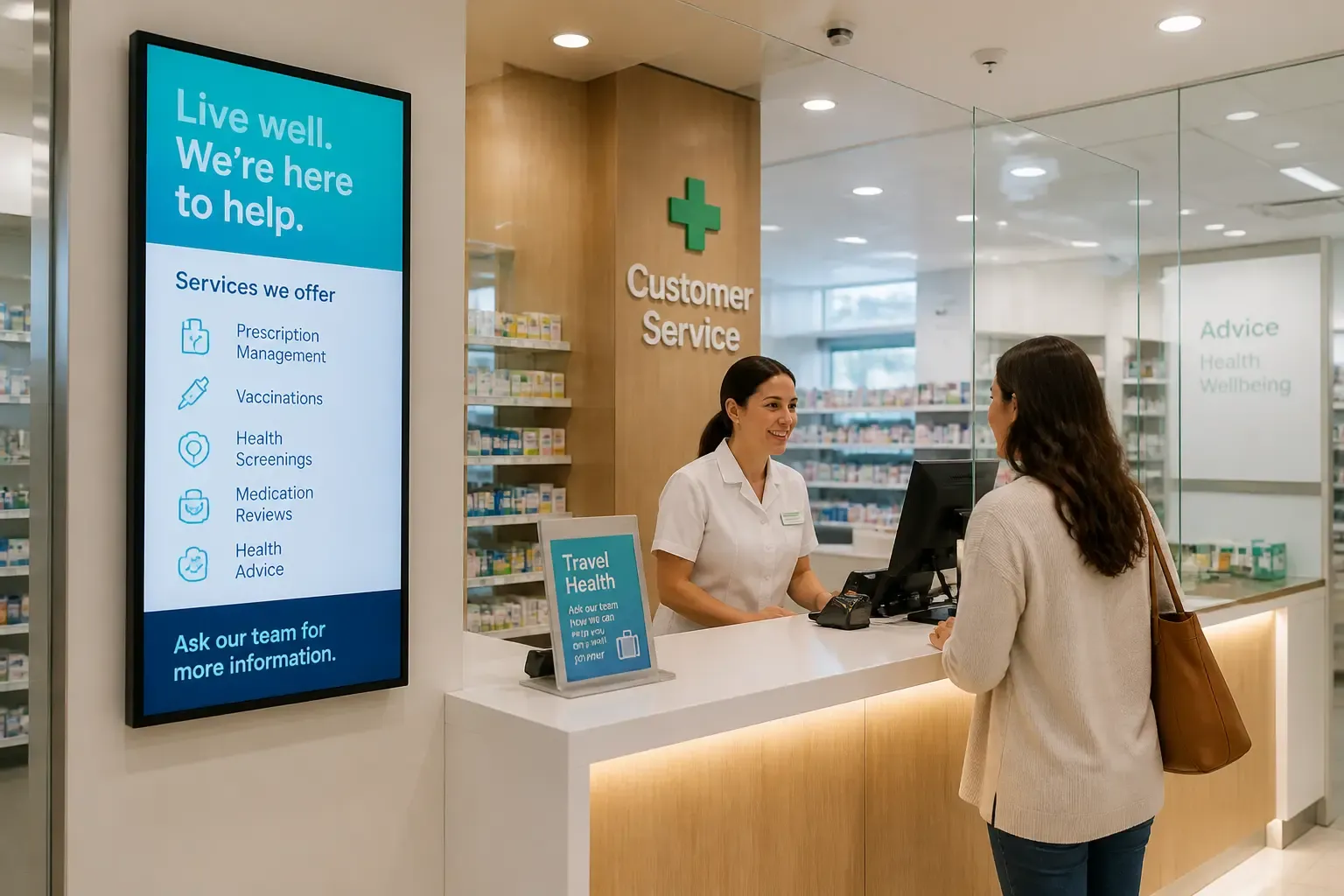 Écrans d'affichage dynamique installés dans une pharmacie