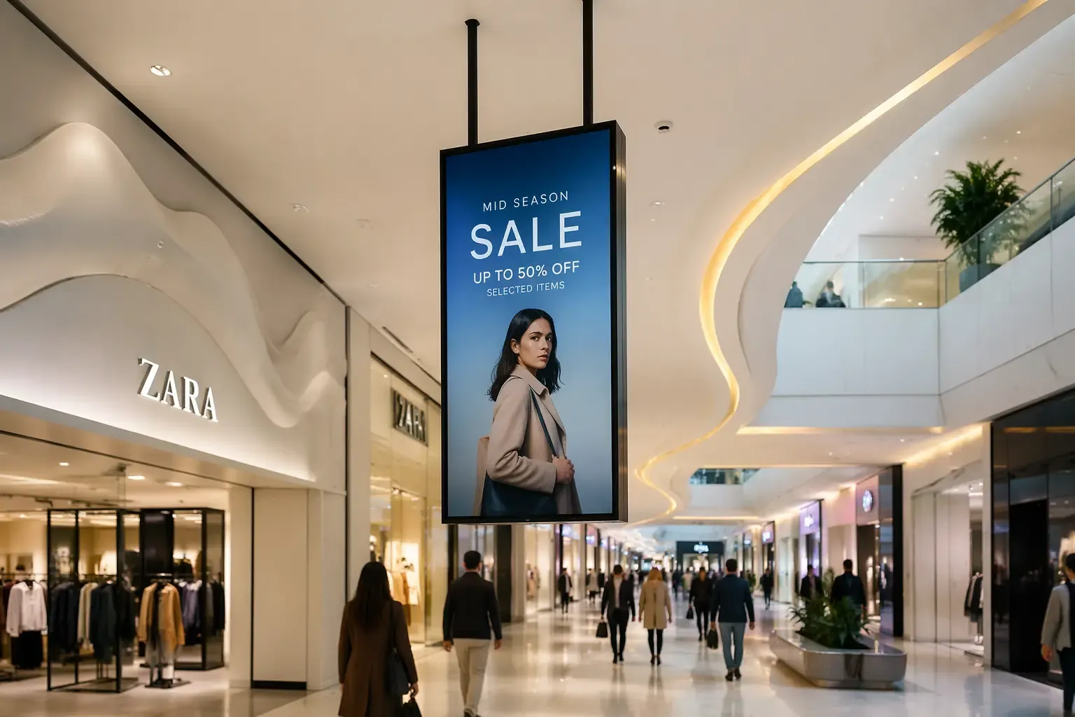 Écran double face suspendu au-dessus de l'allée d'une galerie marchande, diffusant une promotion visible de loin