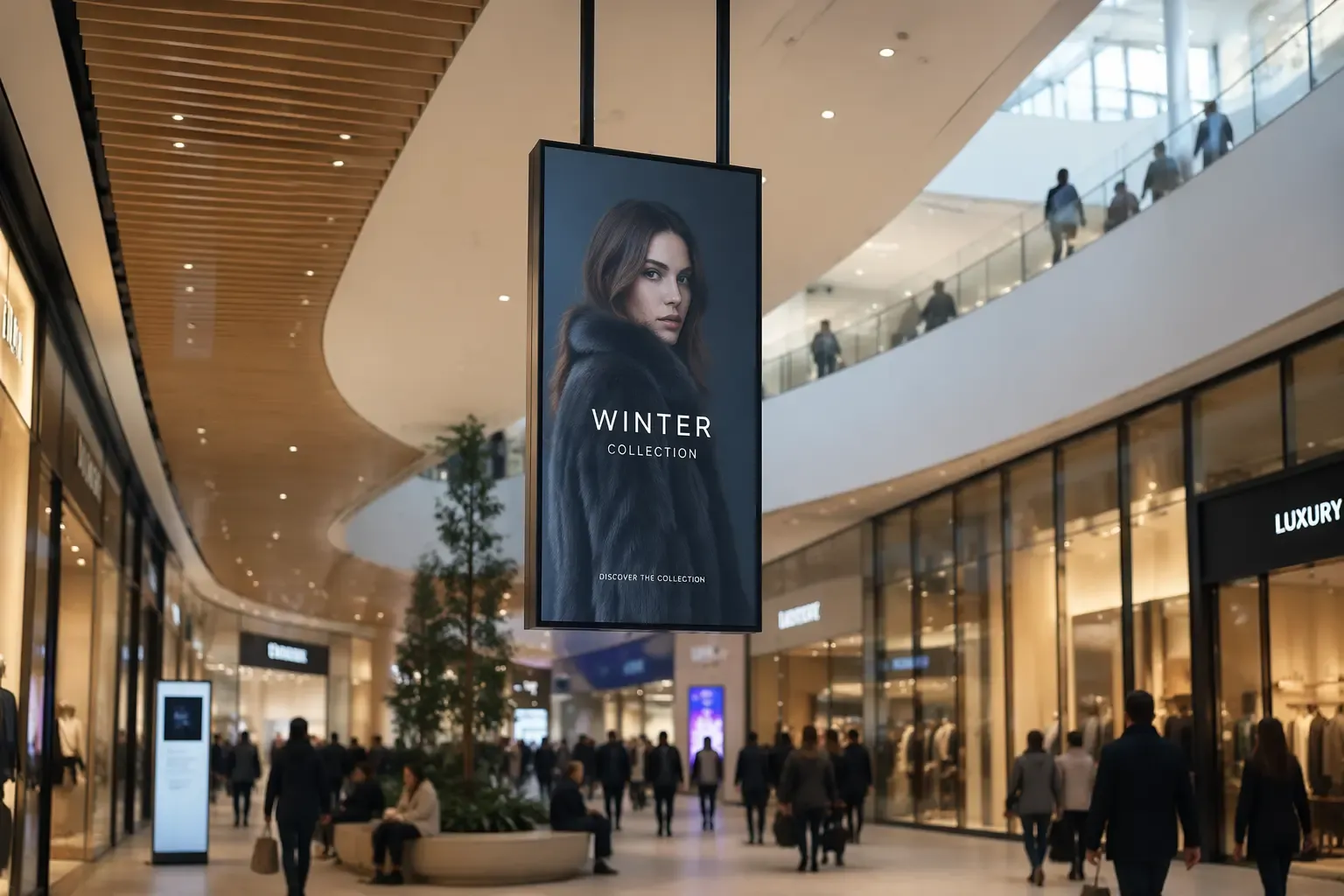 Écran double face suspendu diffusant une campagne saisonnière dans une galerie marchande à fort trafic