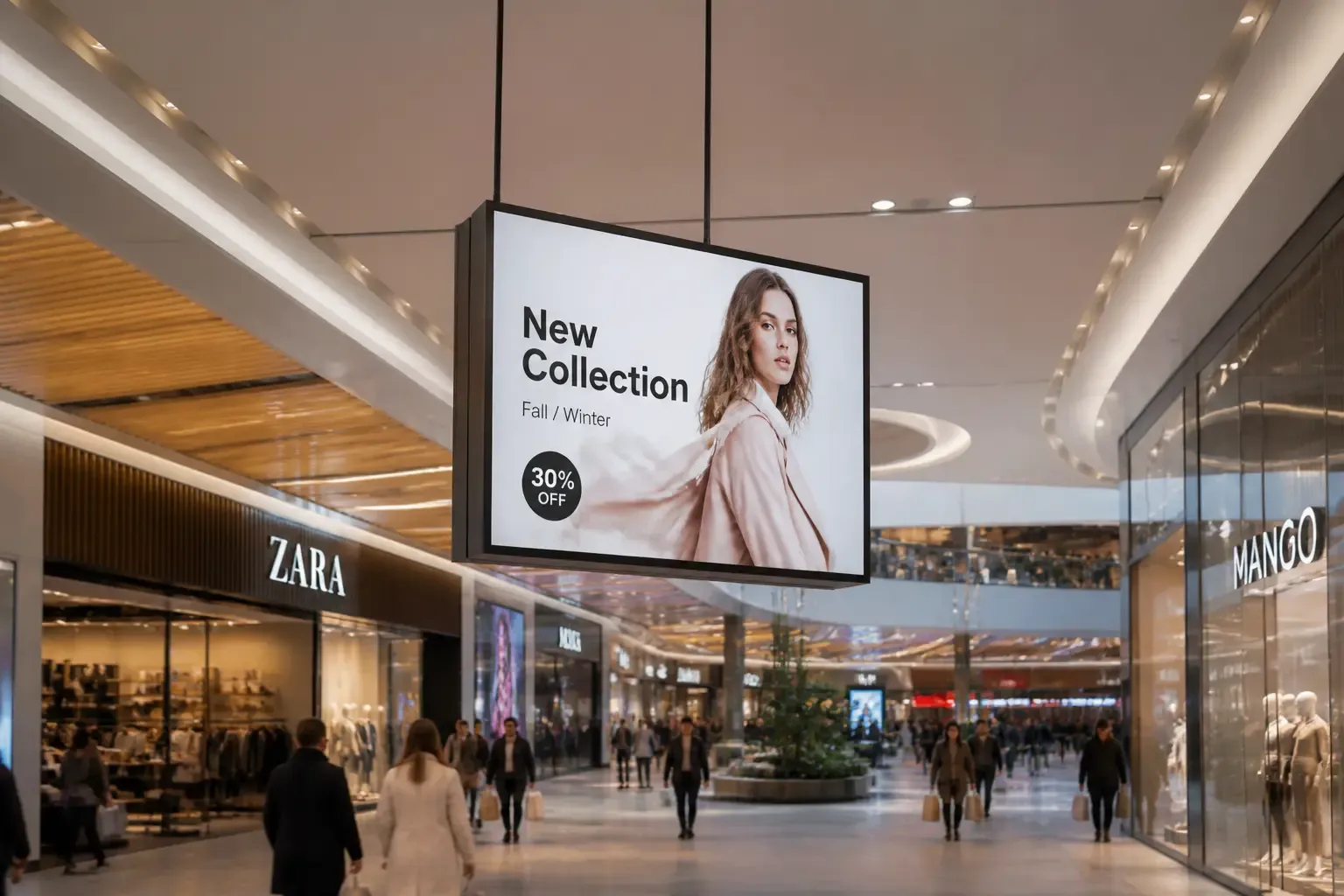 Écran double face suspendu au plafond d'un centre commercial, diffusant une campagne visible dans les deux sens de circulation