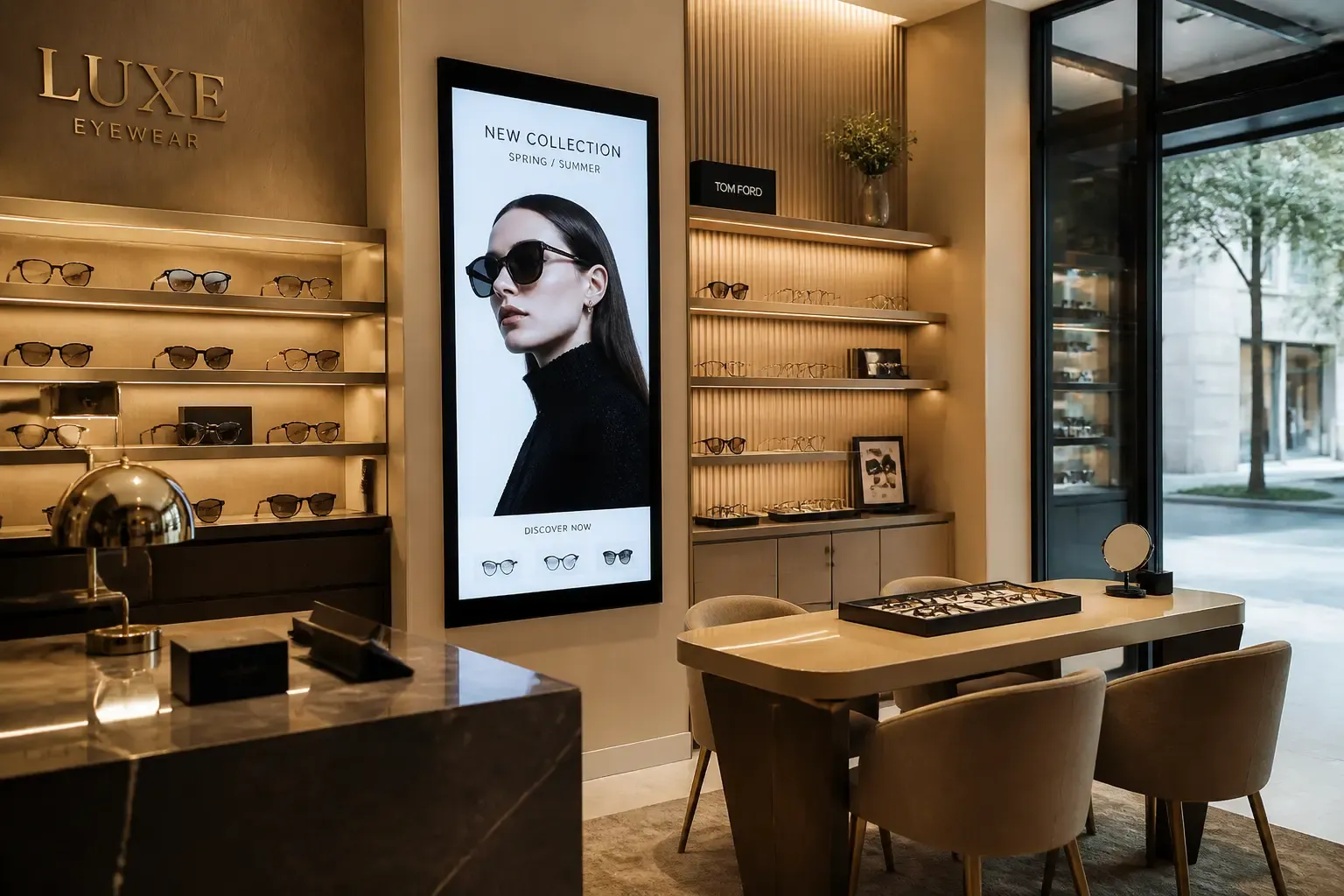 Écran vertical en vitrine d'un opticien de luxe, campagne de marque au-dessus des présentoirs