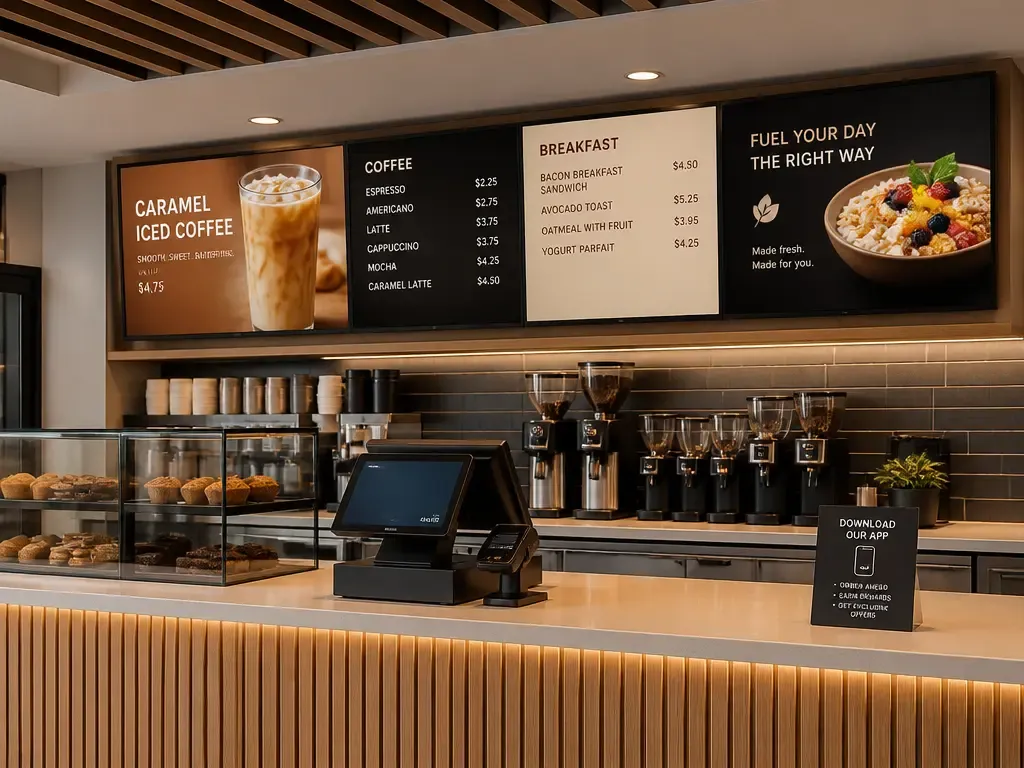 Quatre écrans de menu alignés au-dessus du comptoir d'un café, affichant tarifs et suggestions de manière coordonnée