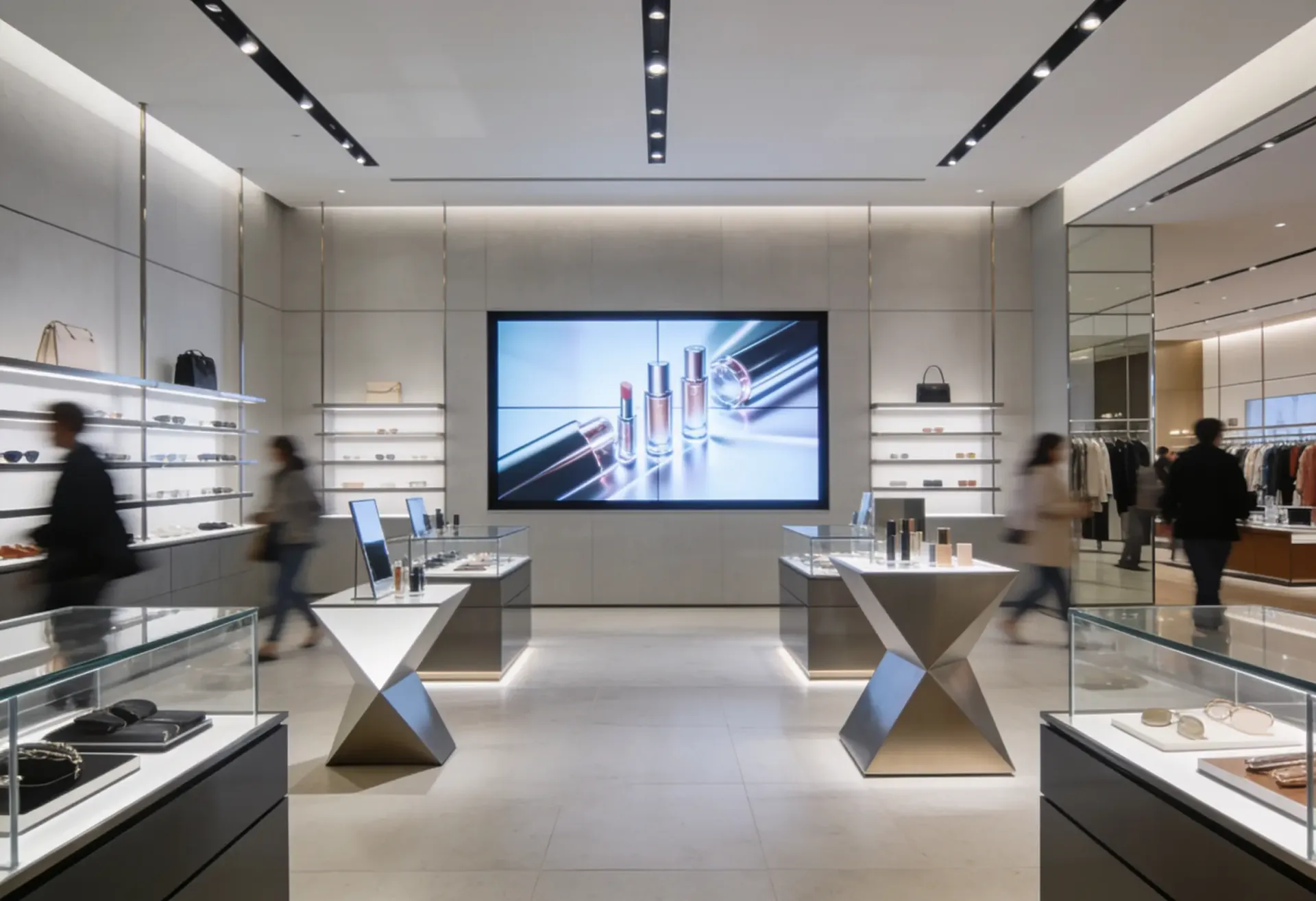 Écran publicitaire grand format présentant les nouveautés dans un magasin de prêt-à-porter haut de gamme