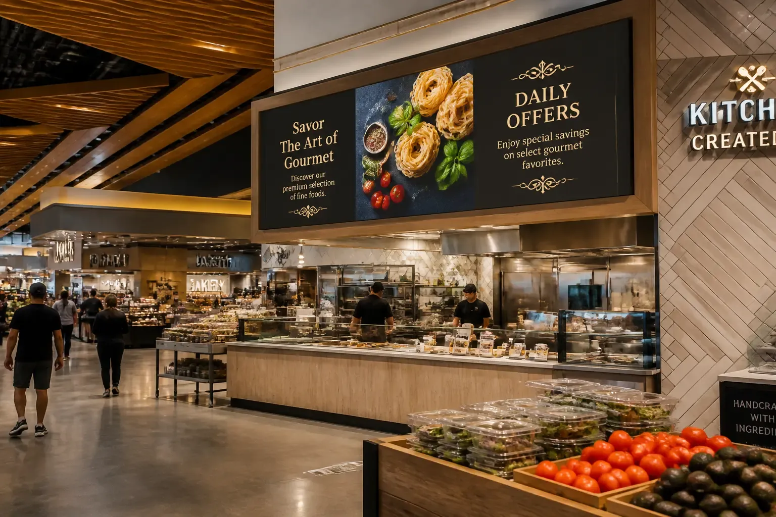 Écran publicitaire diffusant une offre en tête de gondole dans un supermarché