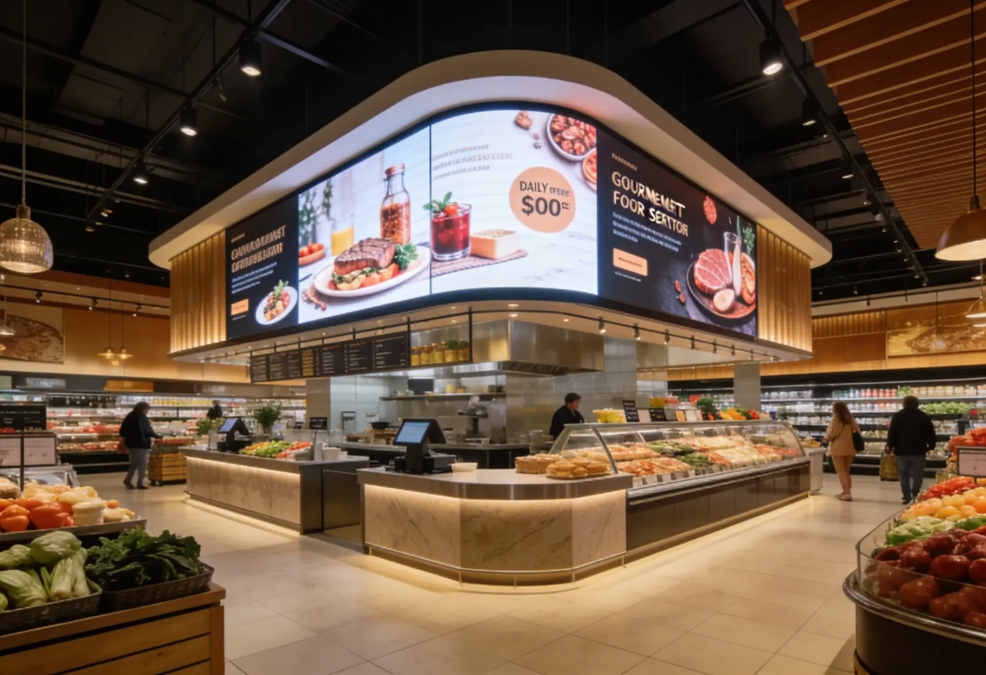 Bandeau d'écran stretch très allongé installé le long d'un linéaire de magasin