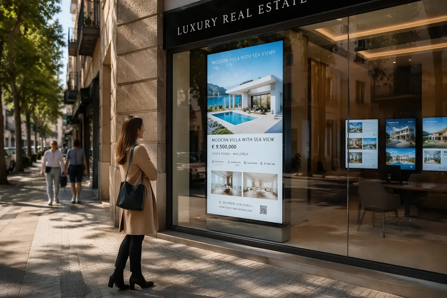 Écran vitrine haute luminosité installé dans une devanture
