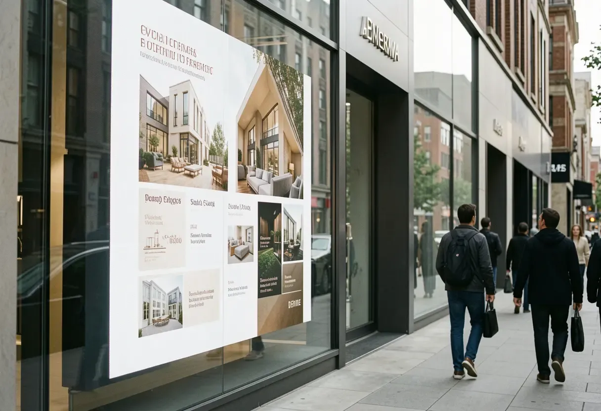 Écran vitrine haute luminosité affichant une annonce immobilière dans une rue commerçante ensoleillée