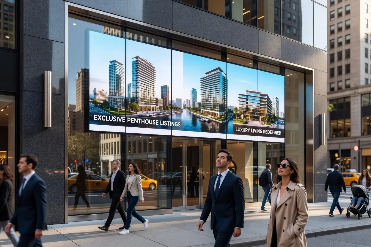 Écran de vitrine diffusant une campagne en soirée, luminosité automatiquement atténuée