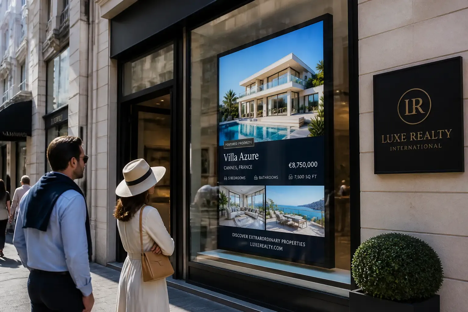 Écran vitrine haute luminosité diffusant une annonce dans une devanture ensoleillée