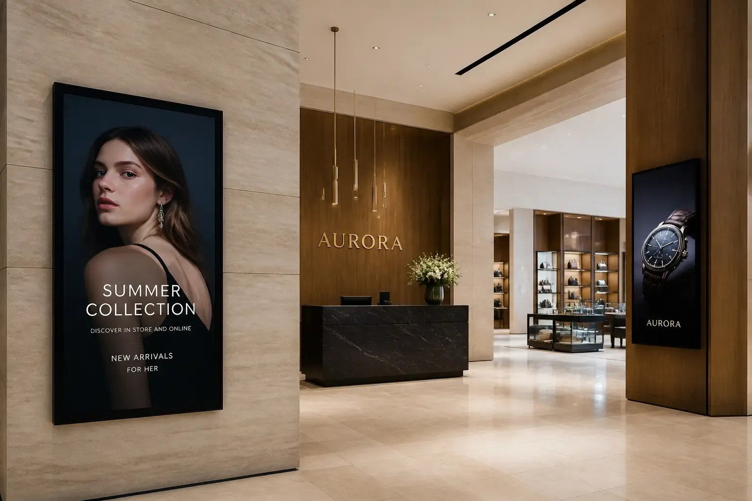 Écran professionnel vertical diffusant une collection dans une boutique haut de gamme