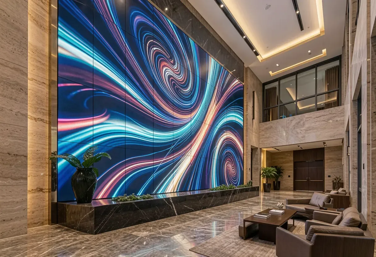 Mur d'écrans video wall géant aux motifs lumineux dans le hall d'un immeuble premium