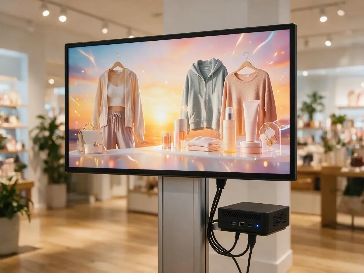Mini-PC NUC fixé au pied du support d'un écran professionnel dans une boutique, ports USB, Ethernet et HDMI raccordés