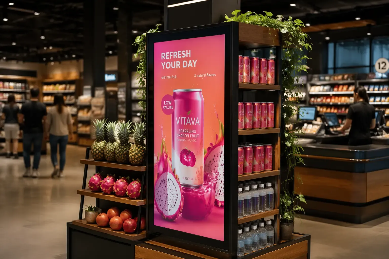Écrans publicitaires diffusant des campagnes coordonnées dans un espace de vente