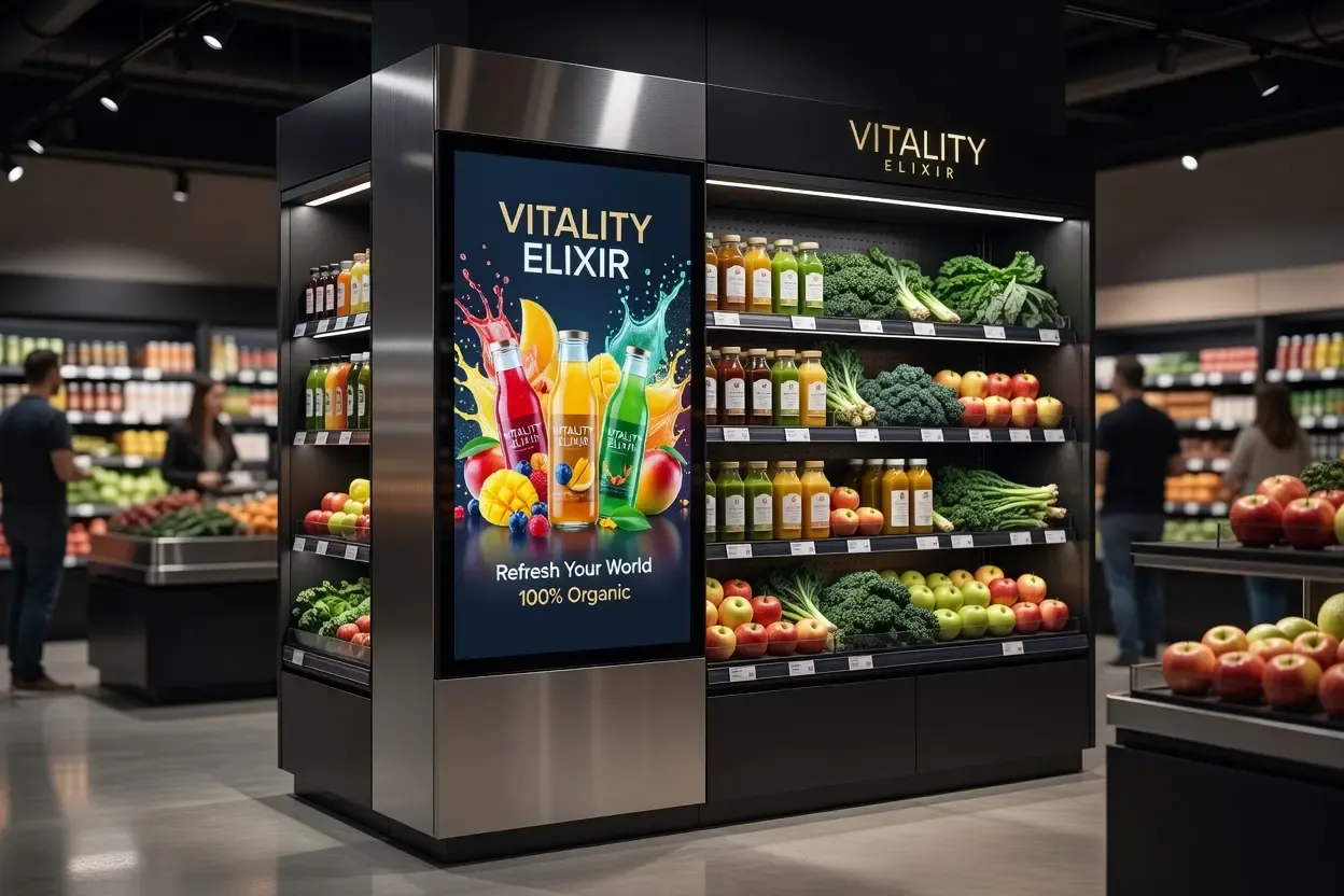 Écran publicitaire en zone de caisse, support de retail media au plus près de la décision d'achat