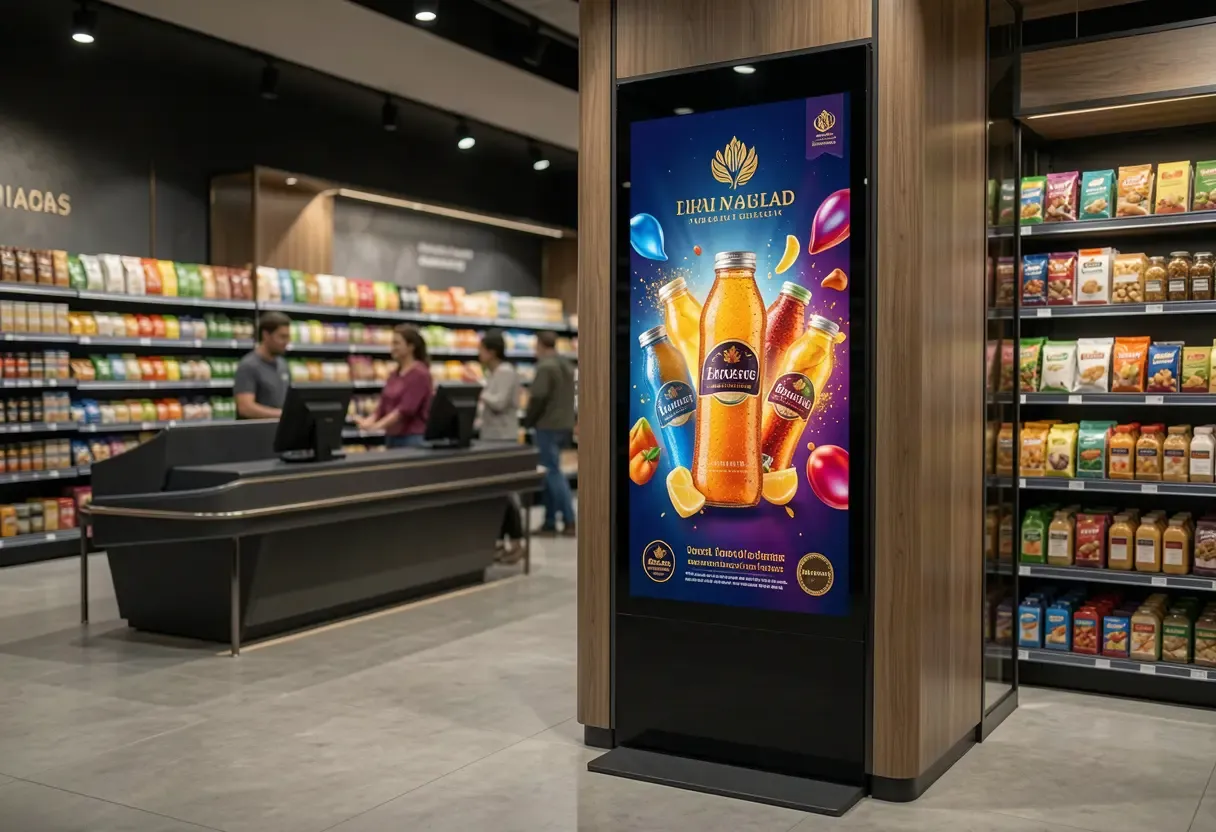 Écran publicitaire diffusant une campagne de marque dans une allée de grande surface